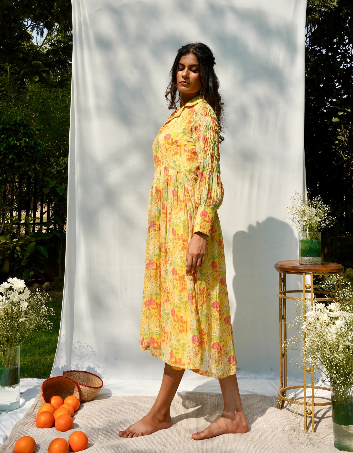 Yellow Printed Mul Dress