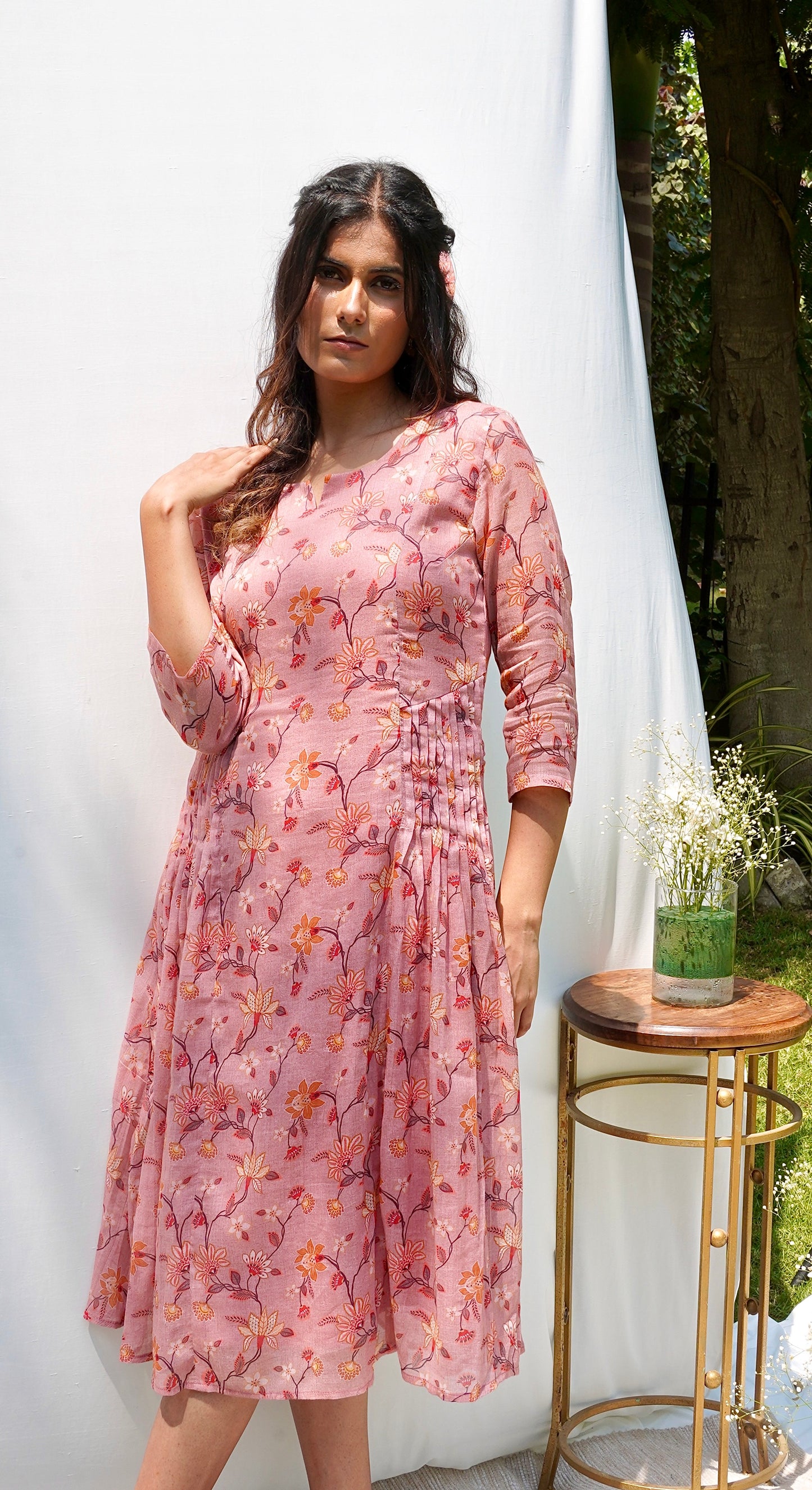 Dusty Pink Printed Mul Dress