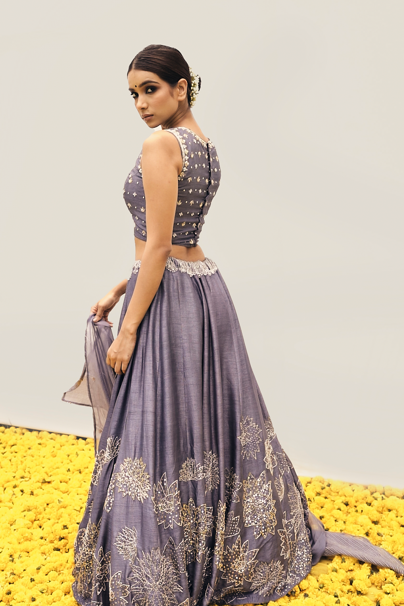 Grey Lehenga set with intricate floral handwork