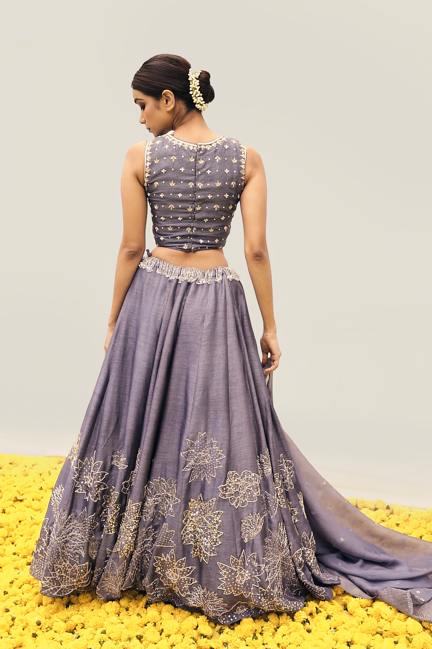 Grey Lehenga set with intricate floral handwork