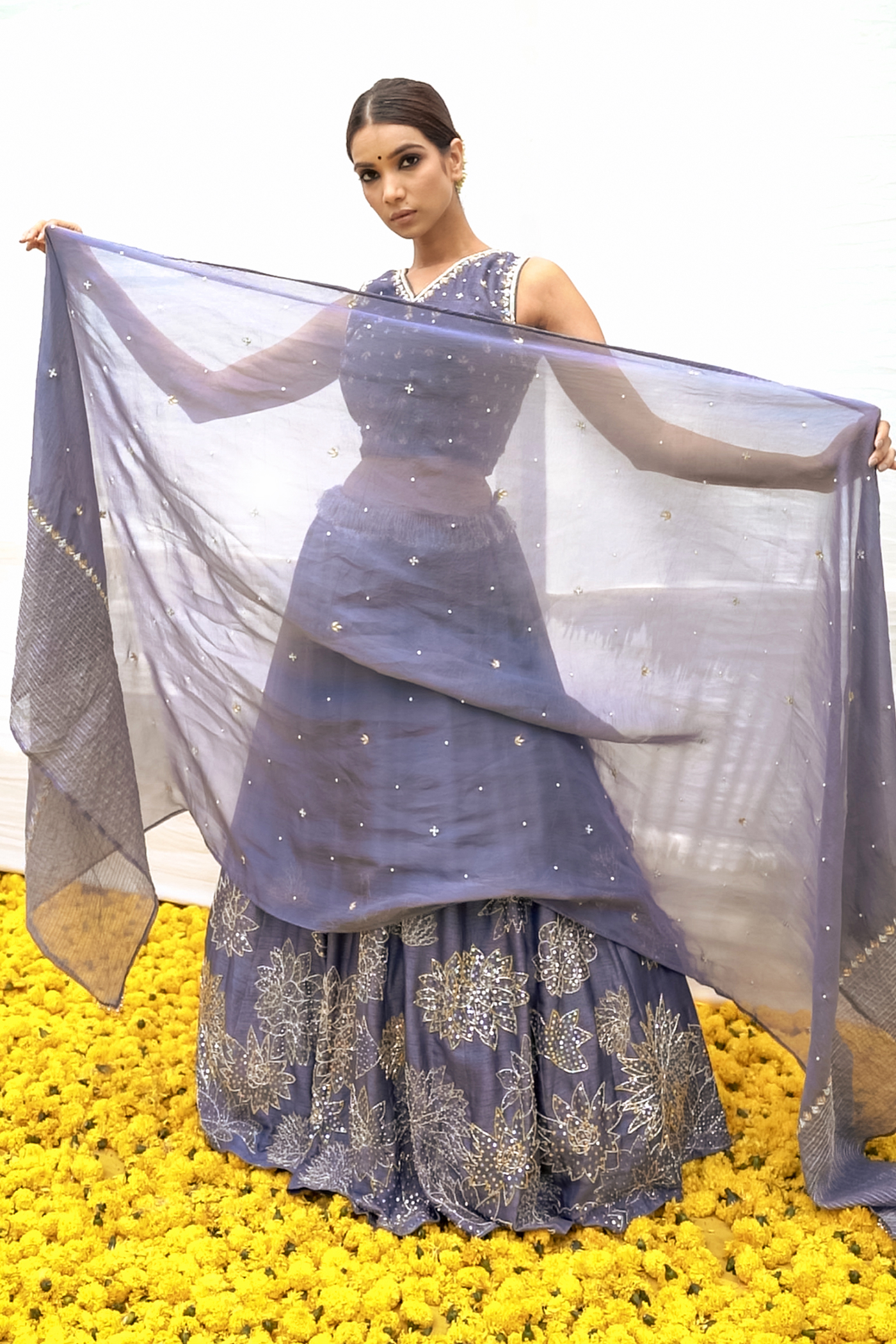 Grey Lehenga set with intricate floral handwork