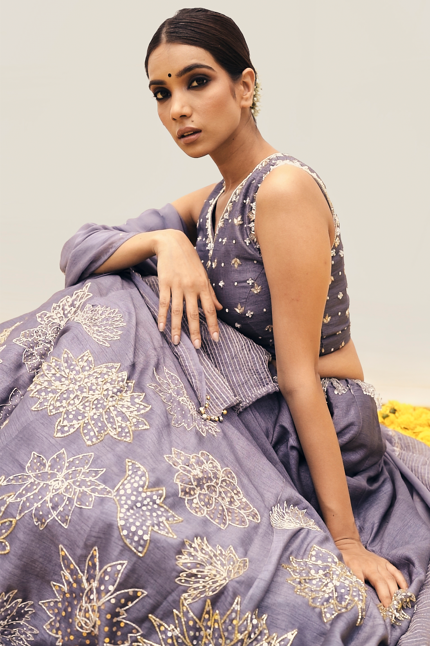 Grey Lehenga set with intricate floral handwork