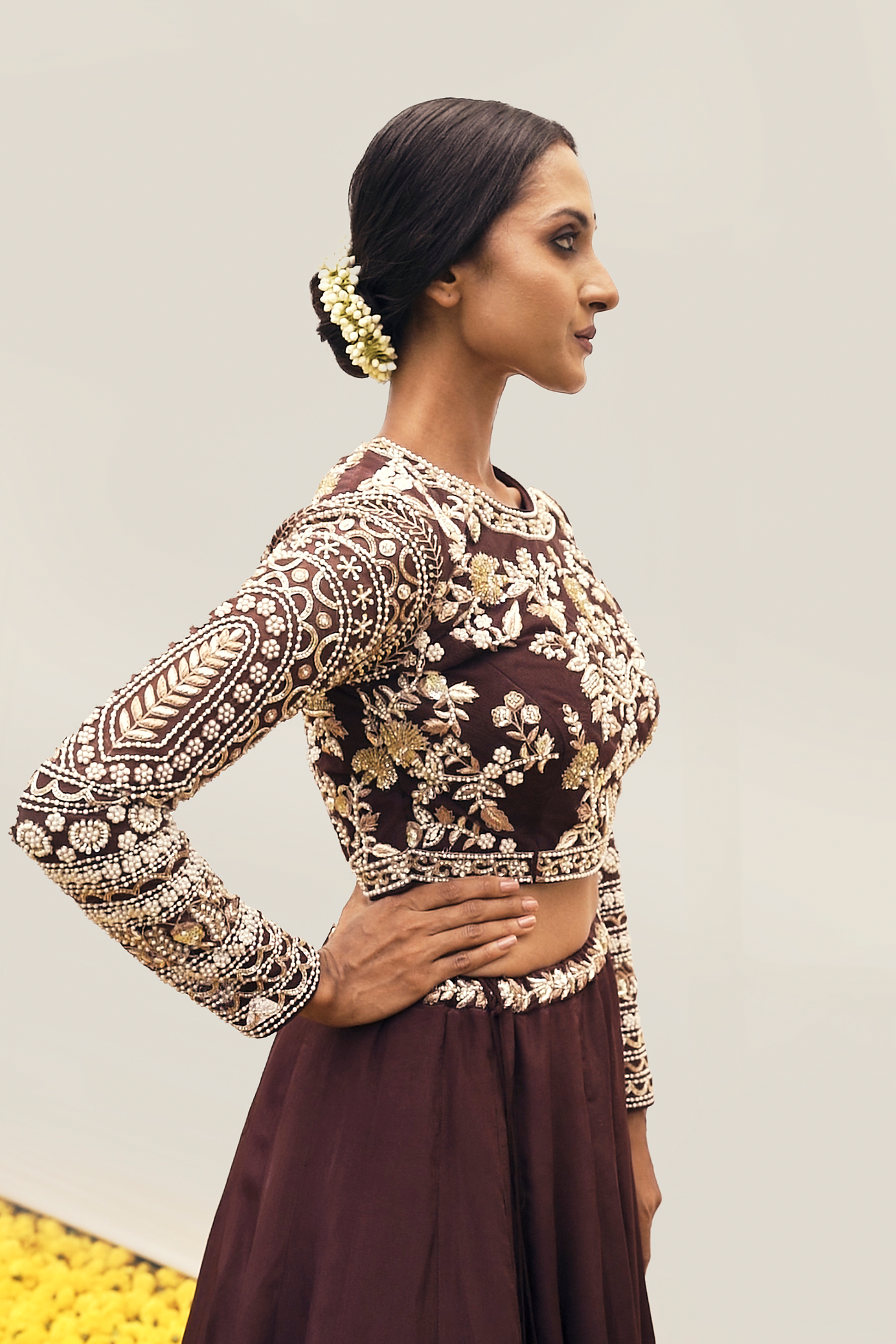 Brown Lehenga set with intricate handwork on Blouse
