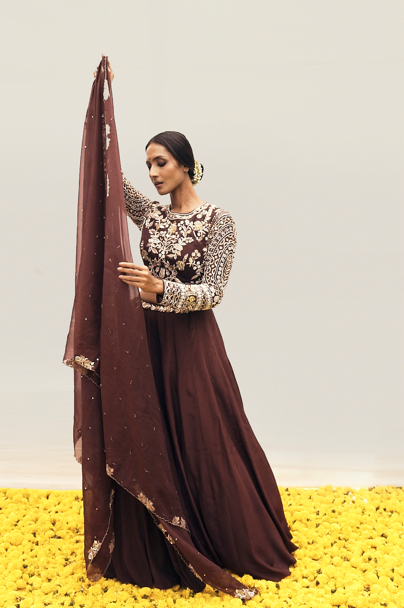 Brown Lehenga set with intricate handwork on Blouse