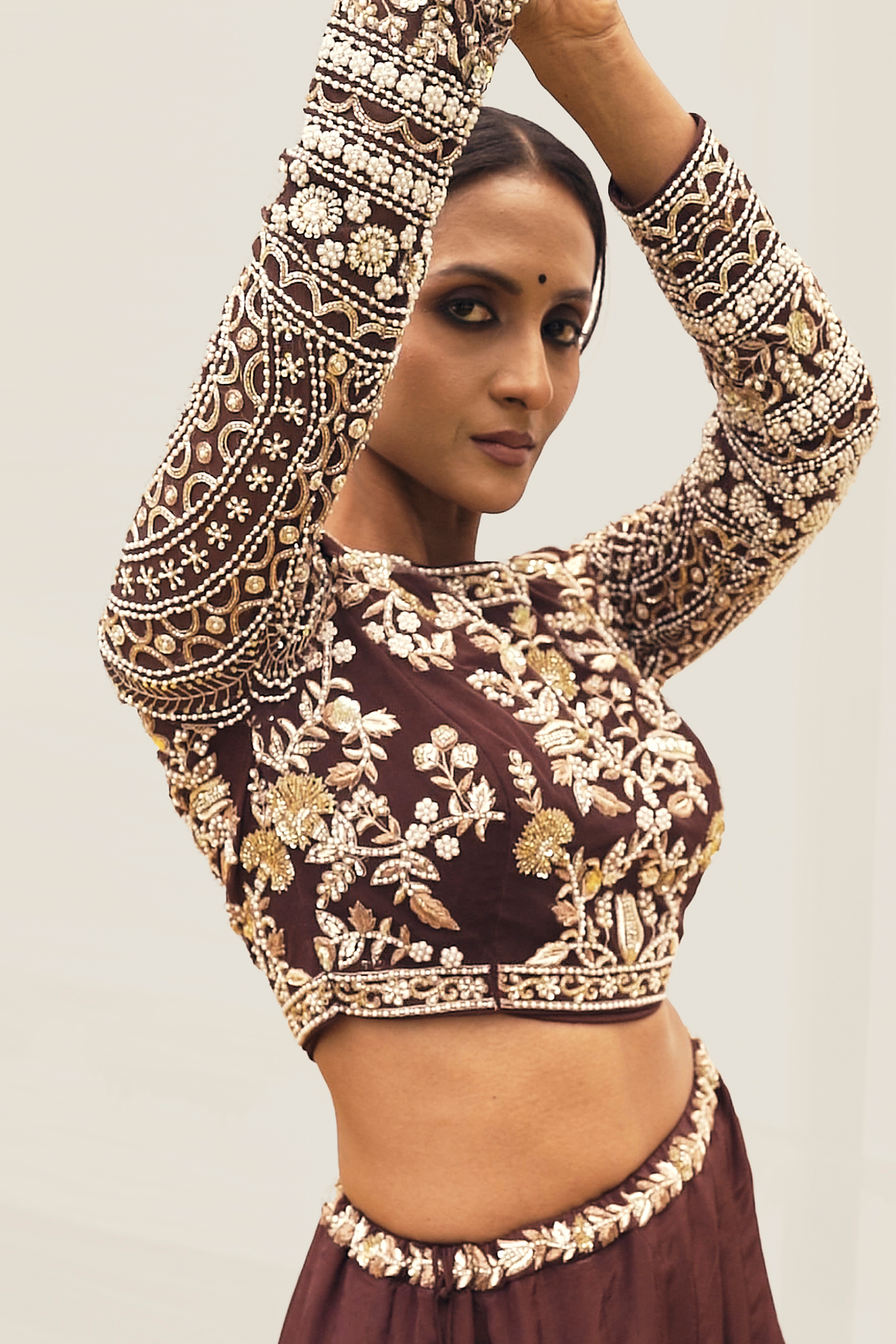Brown Lehenga set with intricate handwork on Blouse