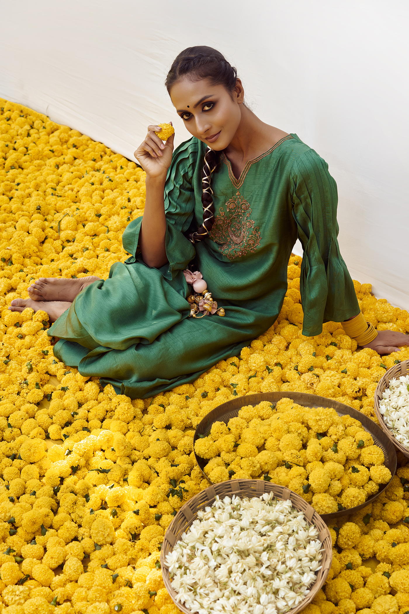 Forest Green kurta set with hand embellished motifs
