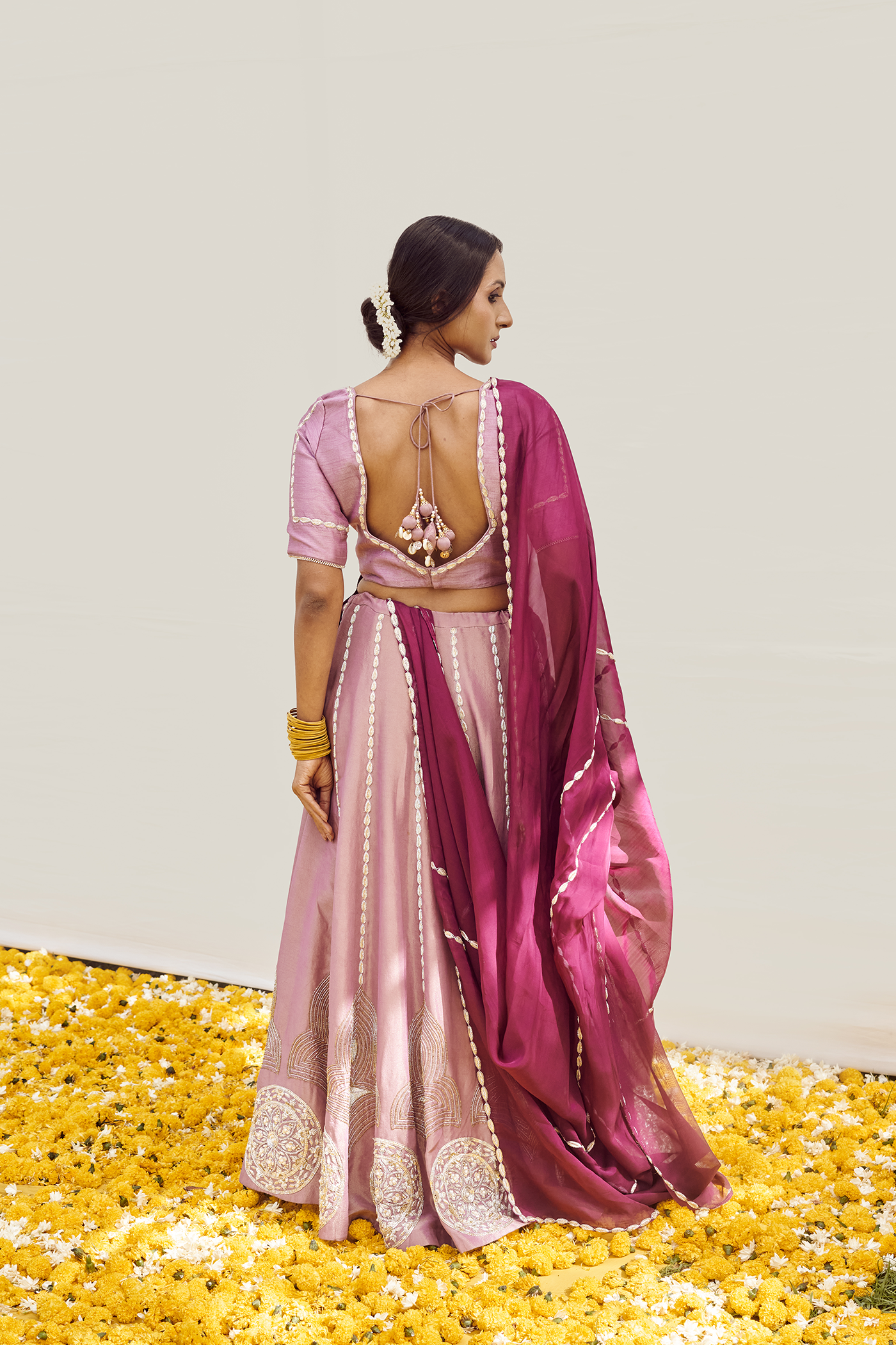 Lilac Lehenga set with Golden - Silver zardosi, sequins and cut dana