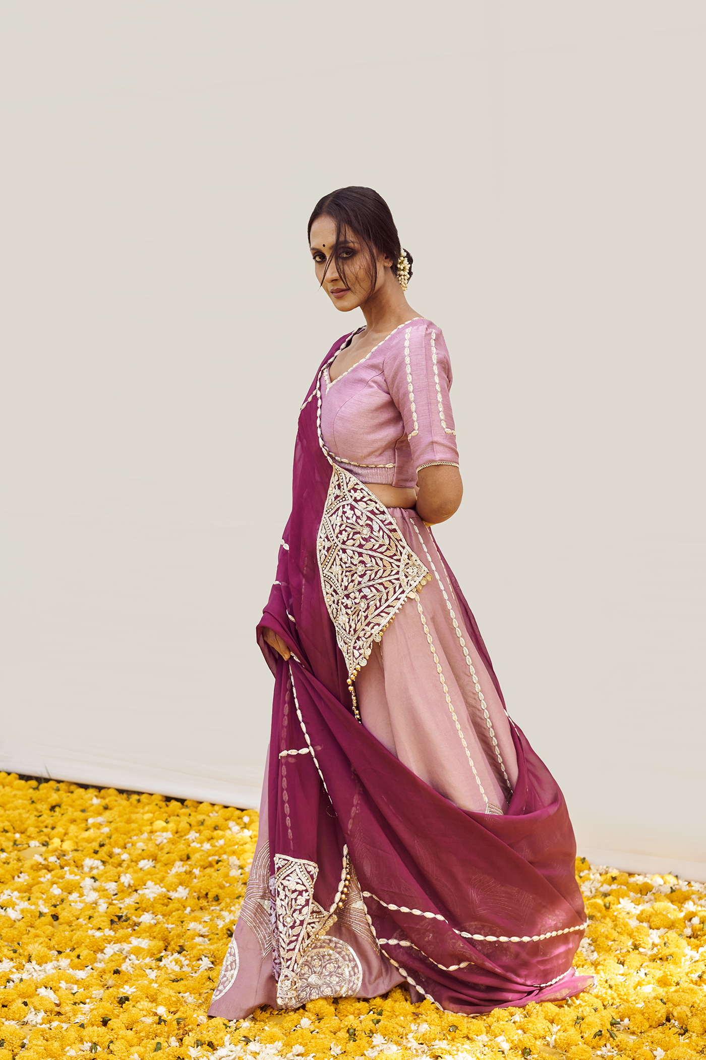 Lilac Lehenga set with Golden - Silver zardosi, sequins and cut dana