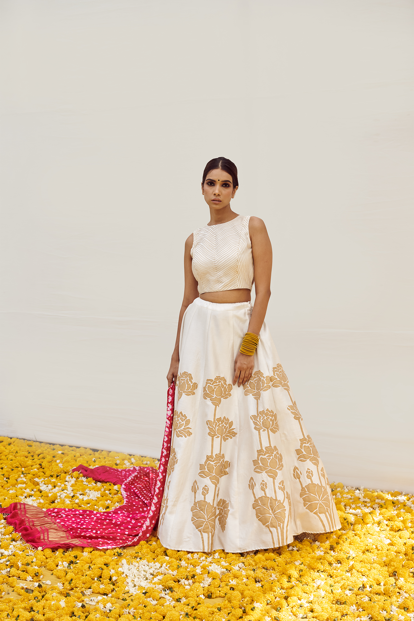 Ivory Lehenga set with Golden Patch Work