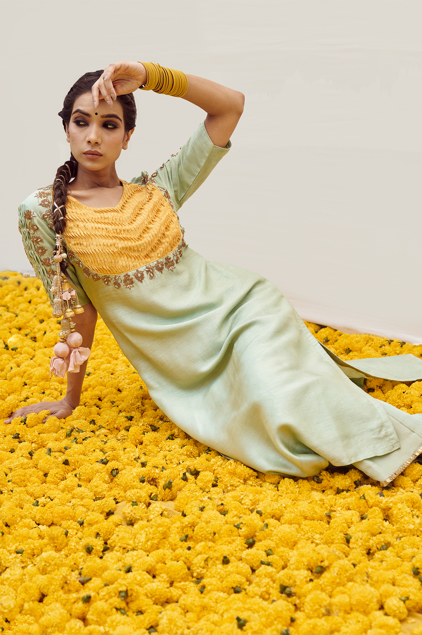 Mint Yellow kurta set with Hand embellished on Sleeves and bodice