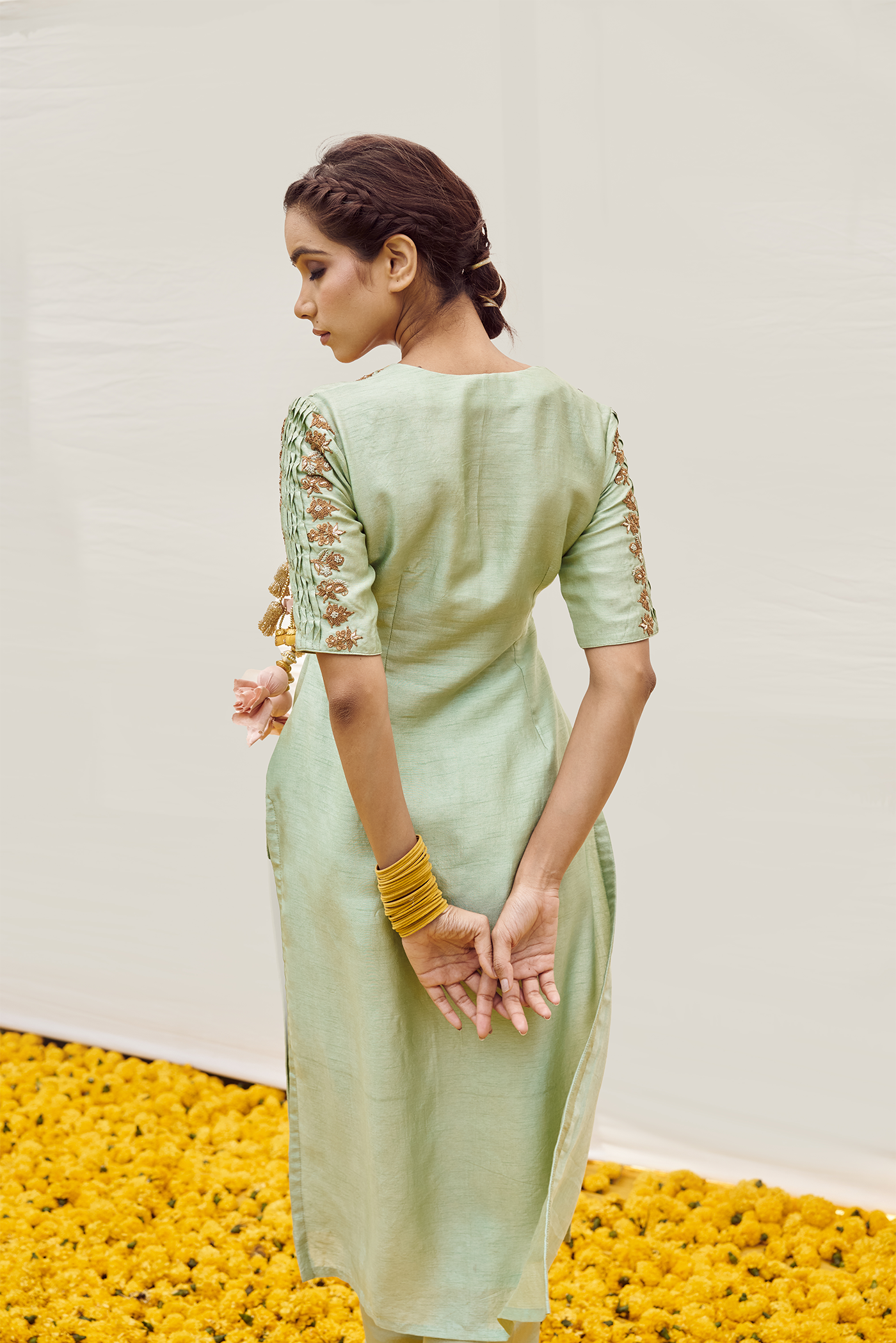 Mint Yellow kurta set with Hand embellished on Sleeves and bodice