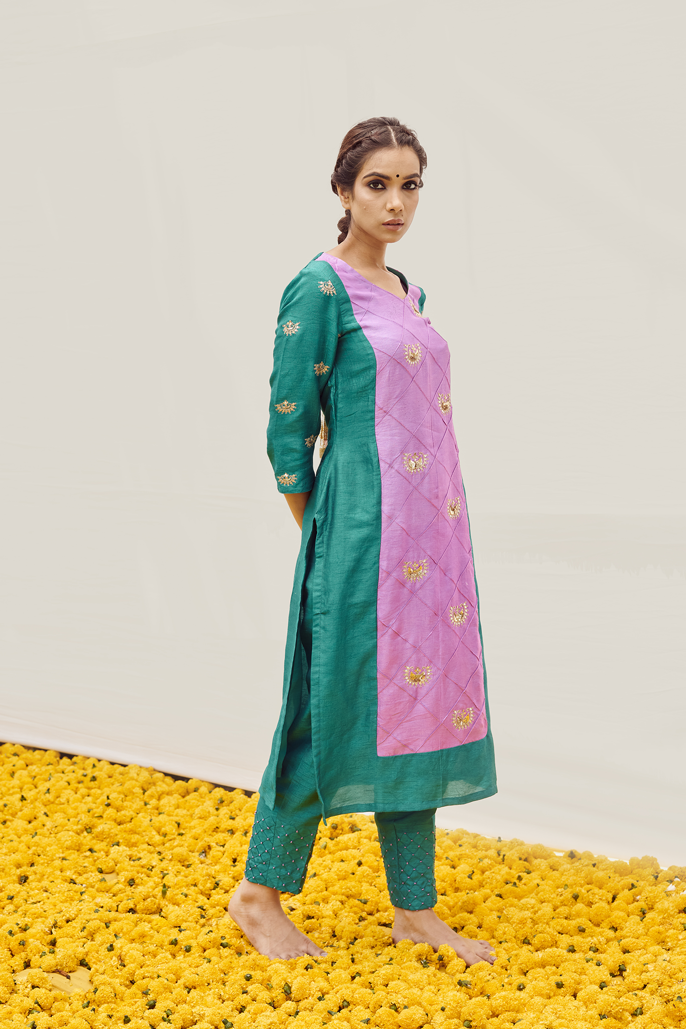 Pink- Aquamarine Dual colour kurta set with Handwork