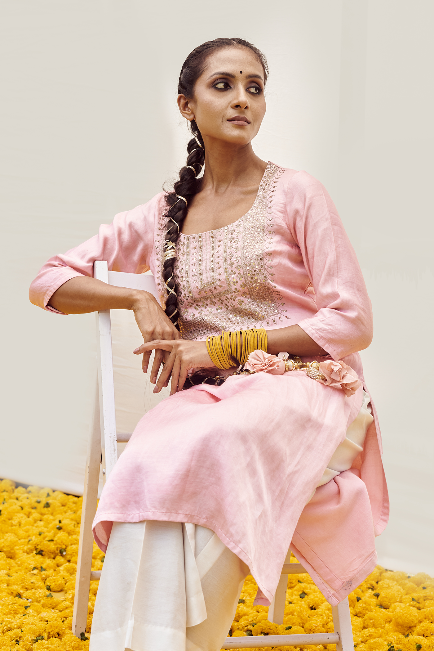 Pink kurta set with Hand embellished on bodice