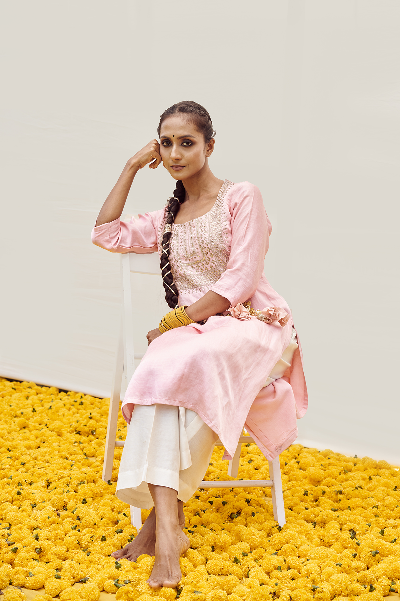 Pink kurta set with Hand embellished on bodice
