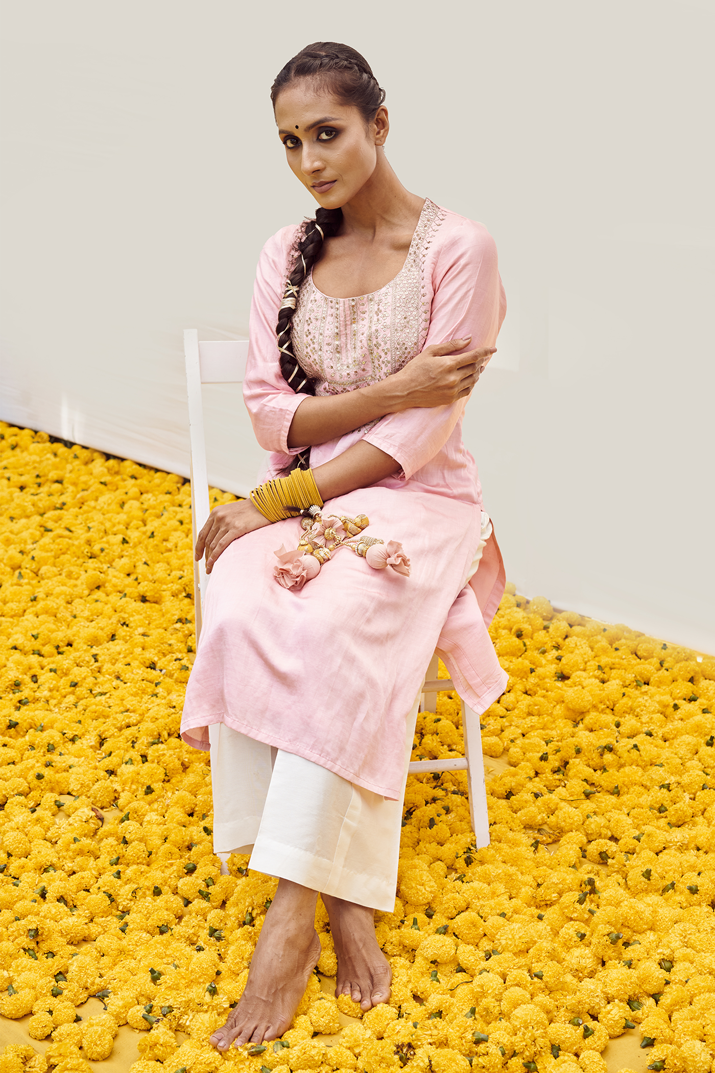 Pink kurta set with Hand embellished on bodice