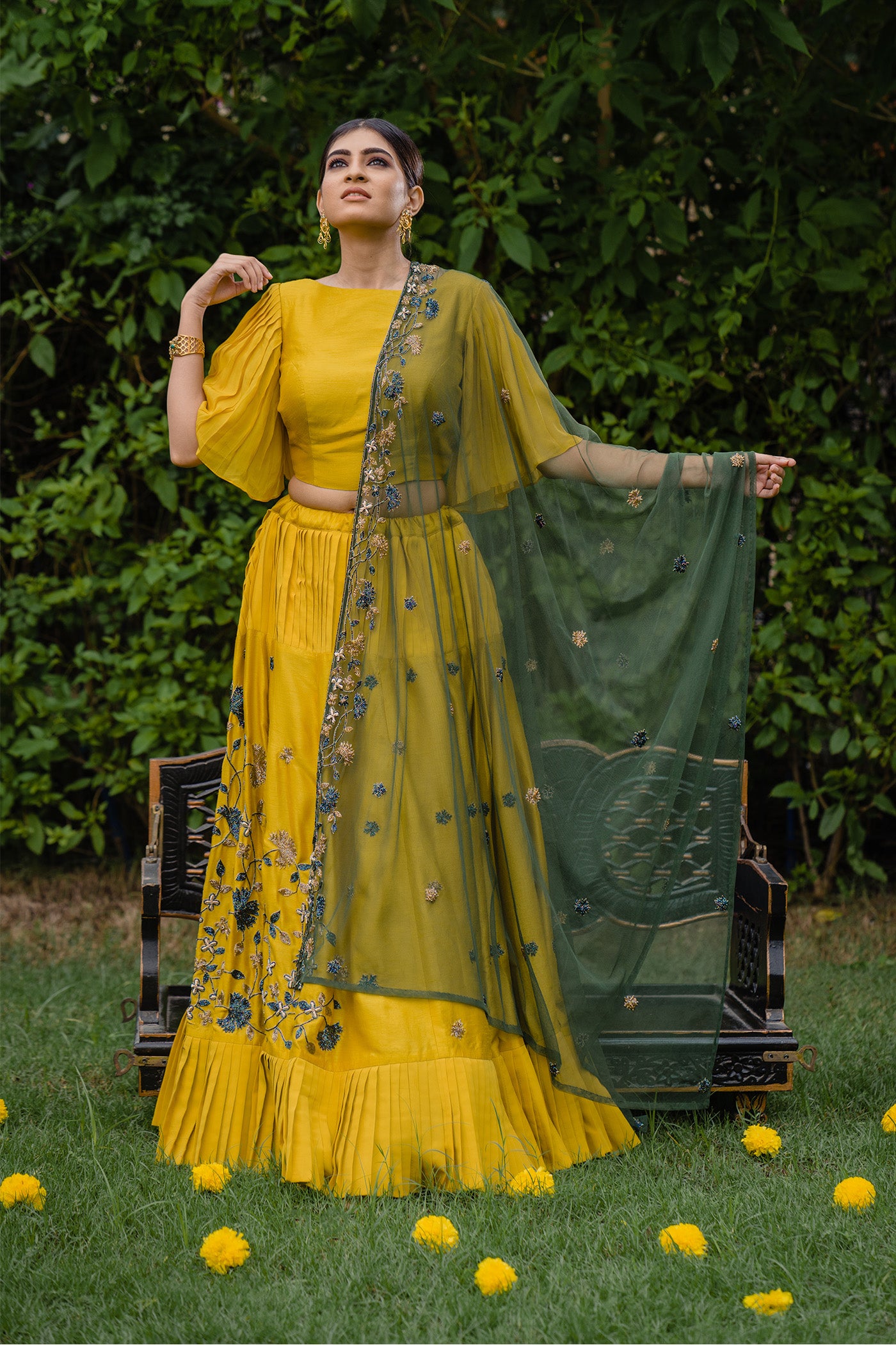 Mustard Pleated Lehenga with Green Dupatta