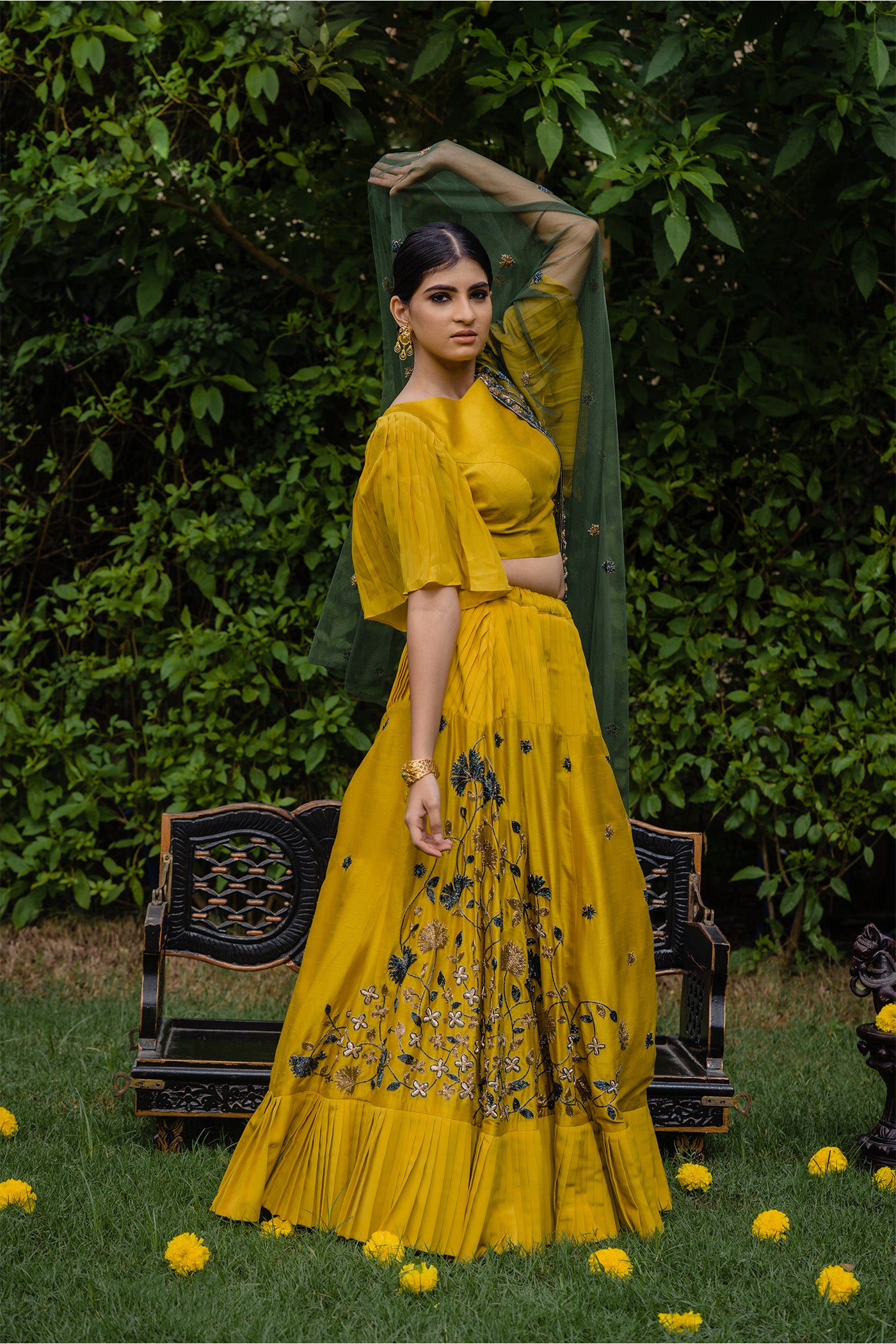 Mustard Pleated Lehenga with Green Dupatta