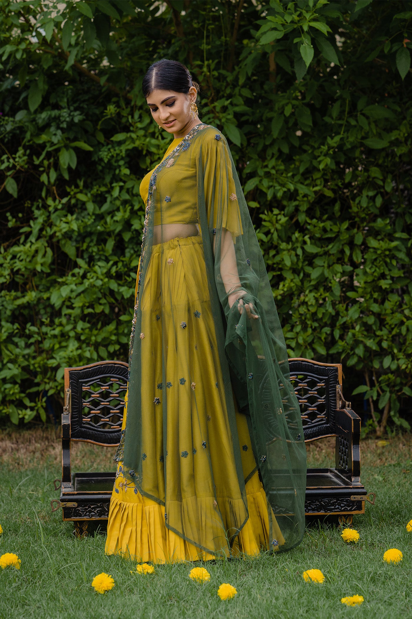 Mustard Pleated Lehenga with Green Dupatta