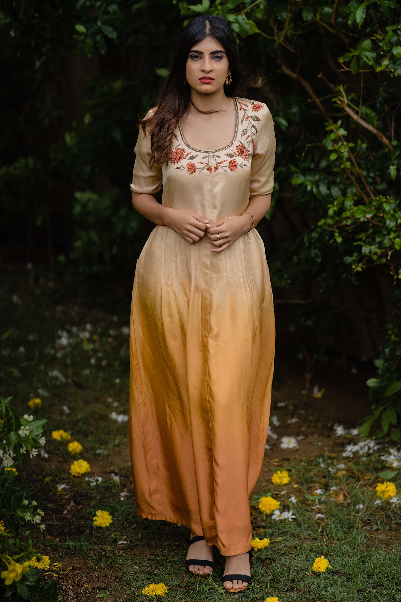 Orange Ombre Pleated Anarkali