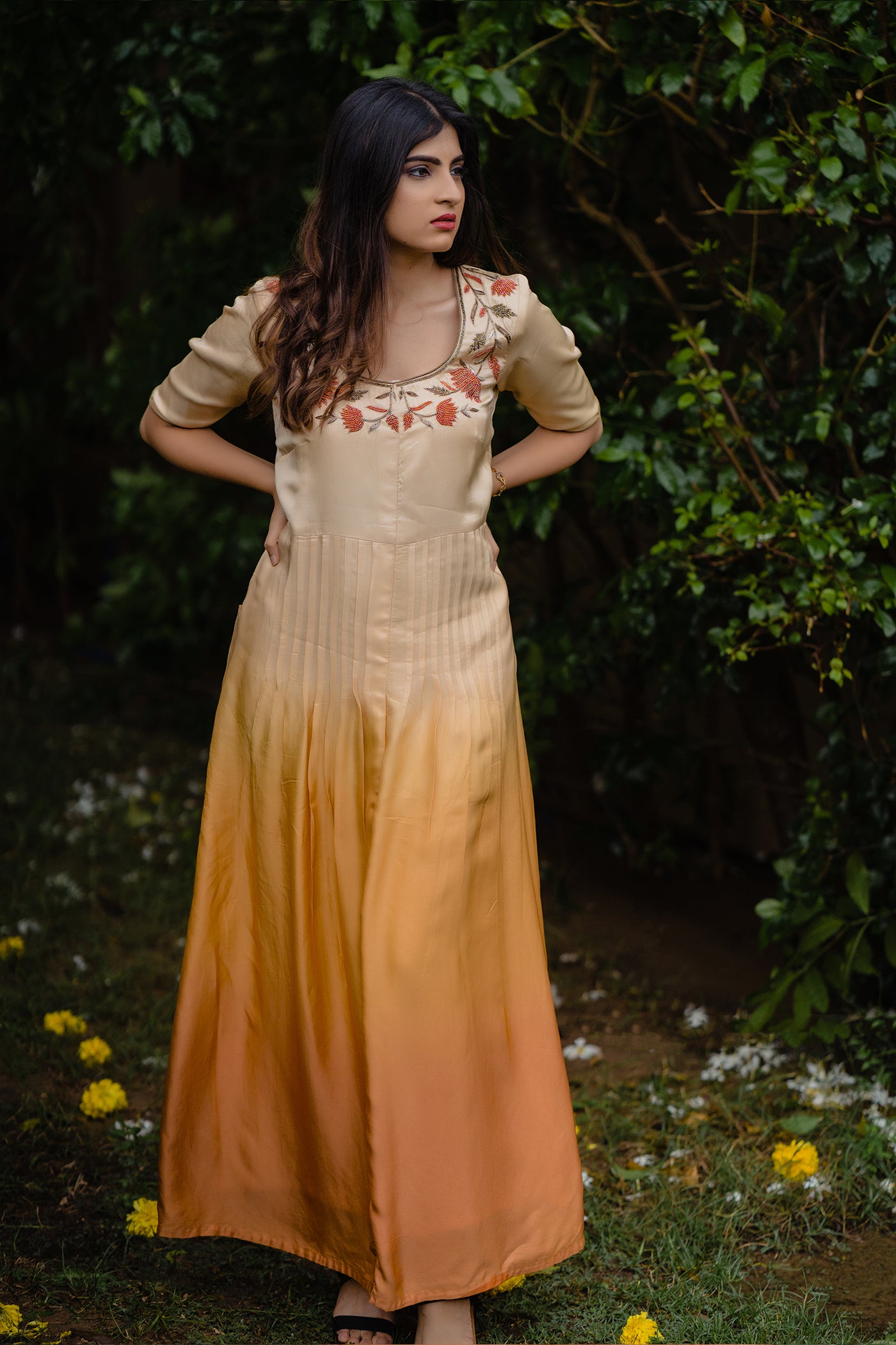 Orange Ombre Pleated Anarkali