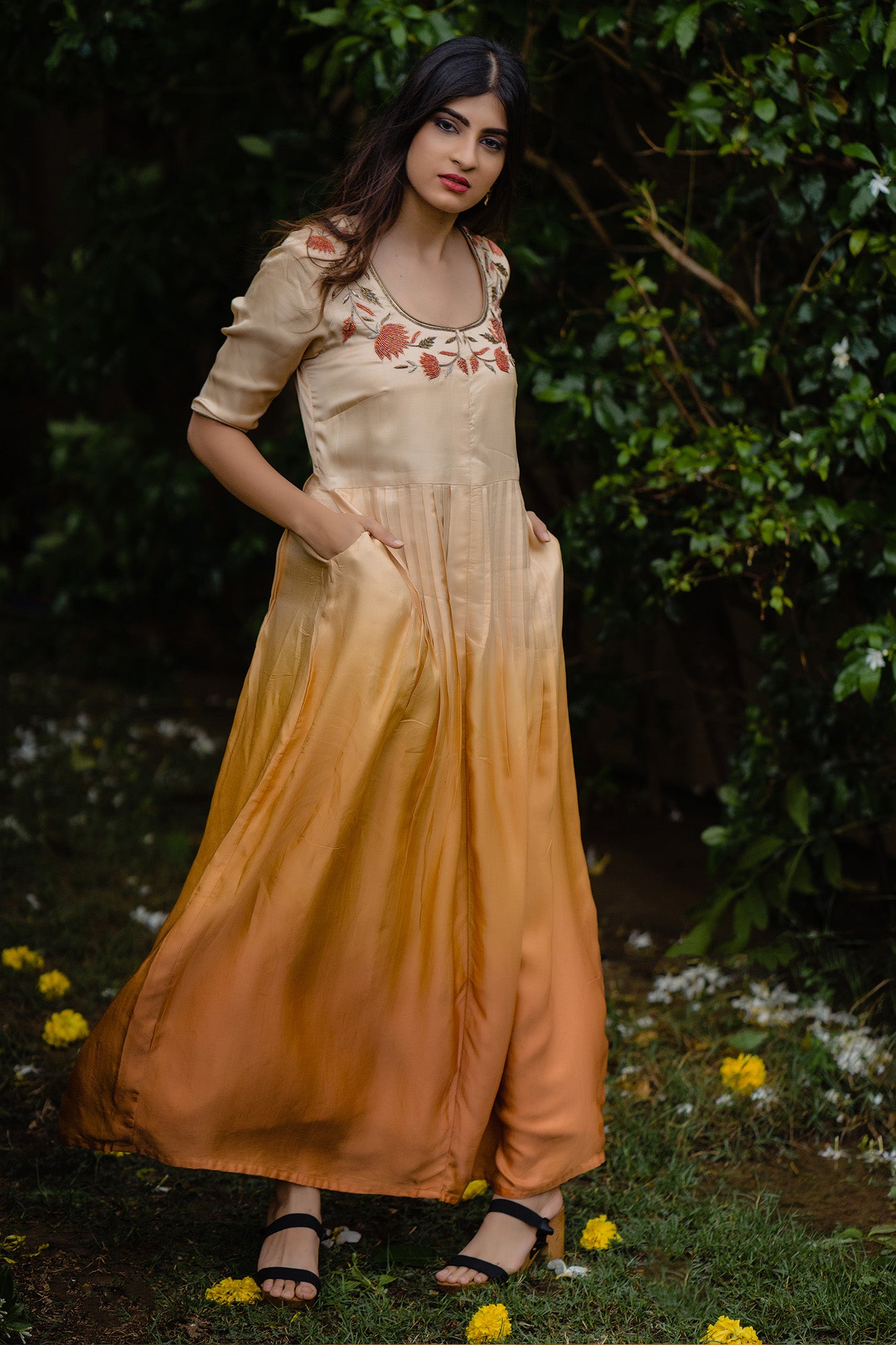 Orange Ombre Pleated Anarkali