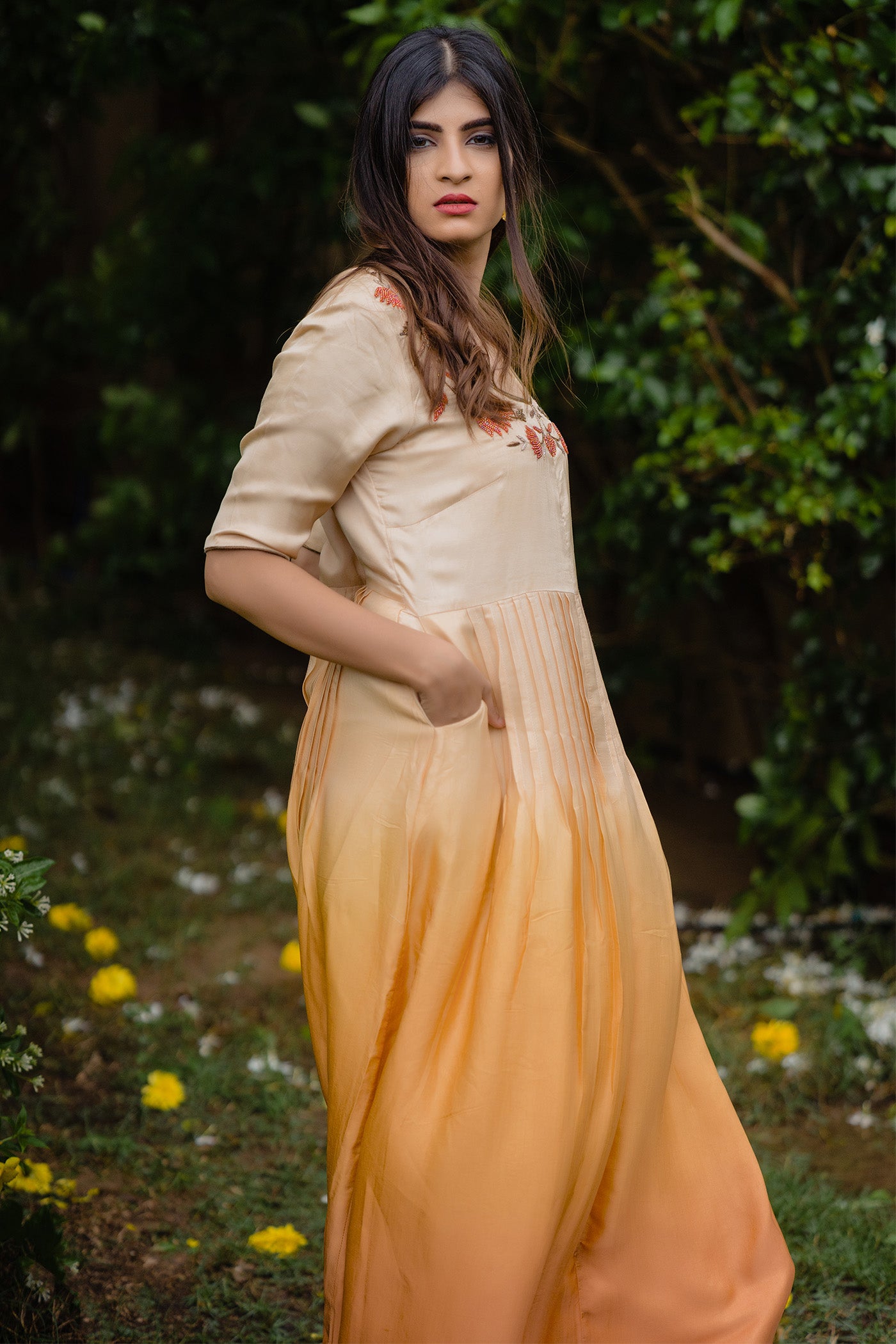 Orange Ombre Pleated Anarkali