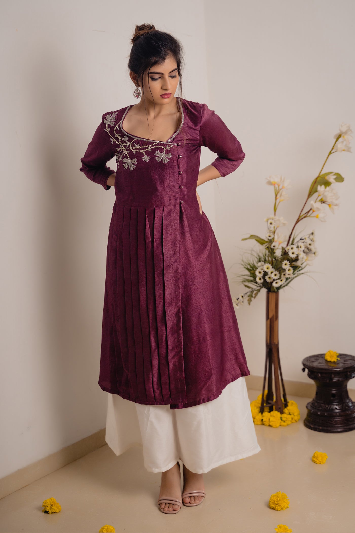 Wine Pleated Top with Hand work