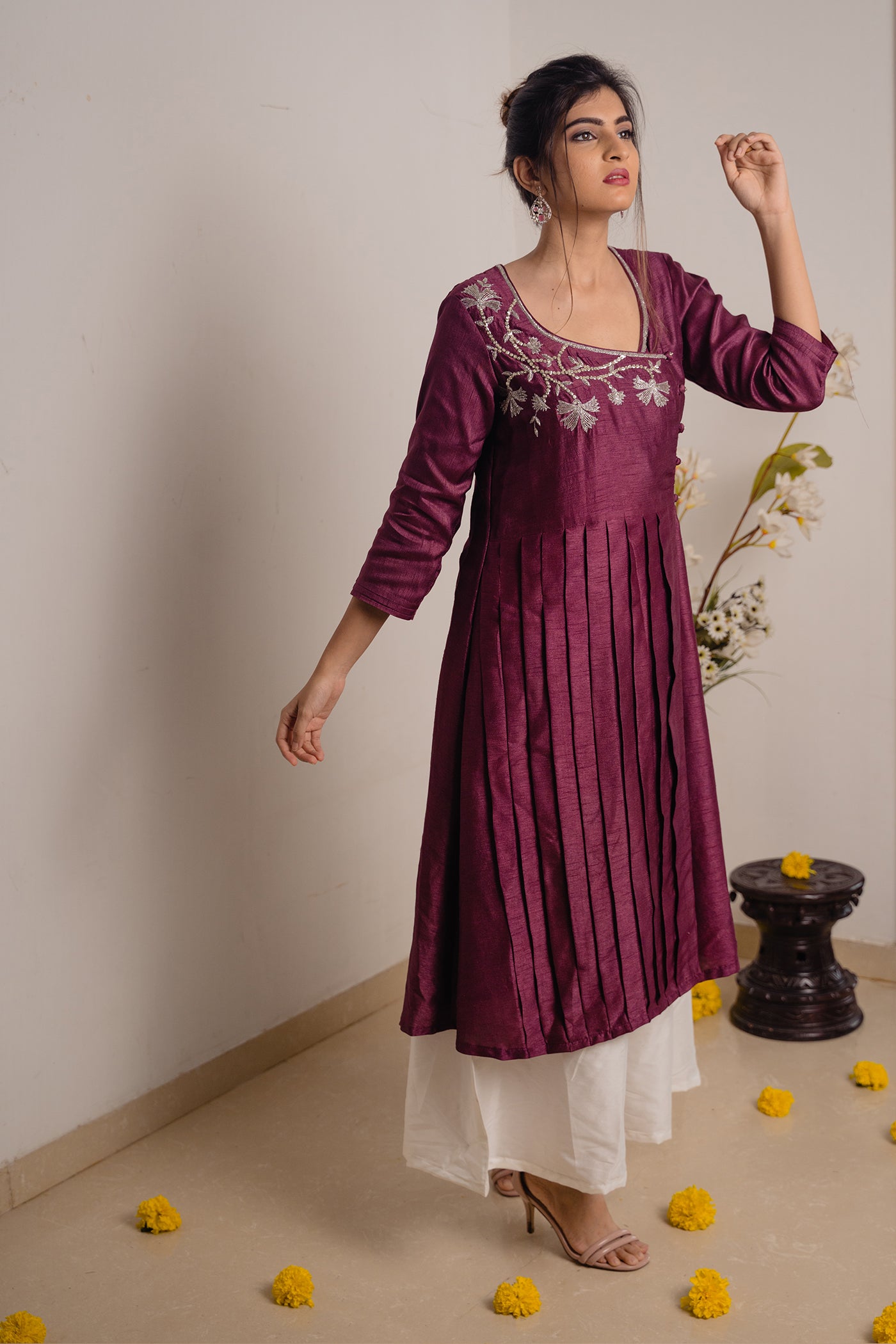 Wine Pleated Top with Hand work
