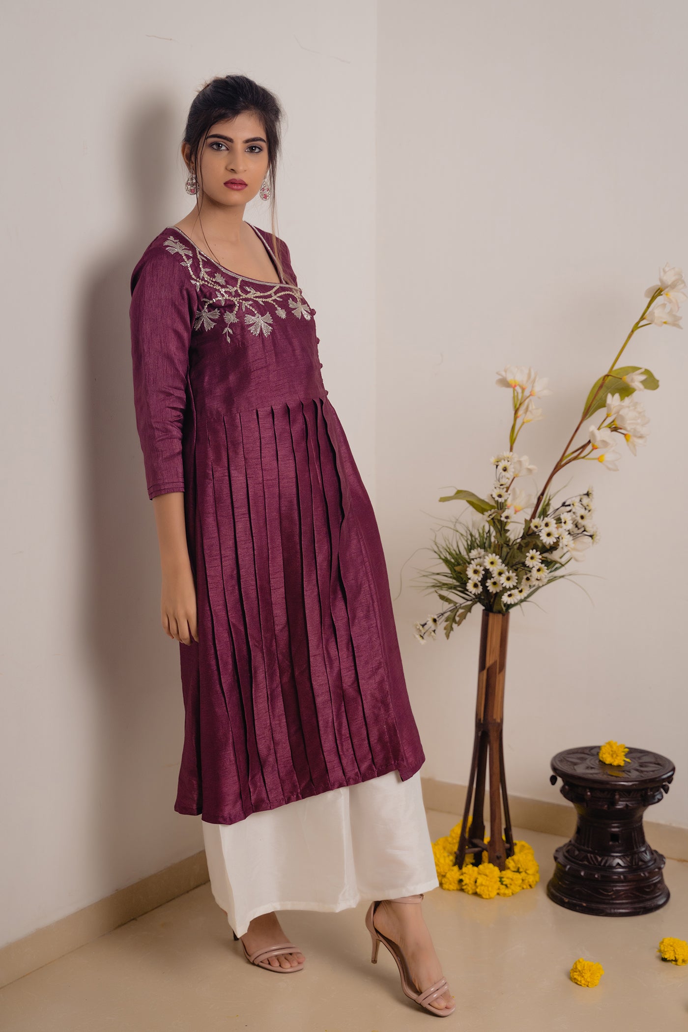 Wine Pleated Top with Hand work