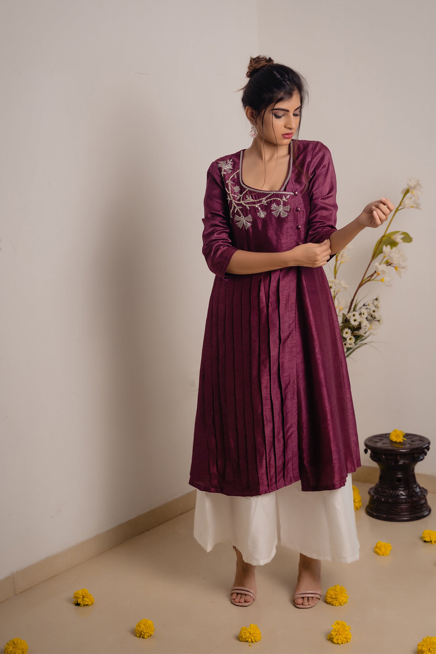 Wine Pleated Top with Hand work