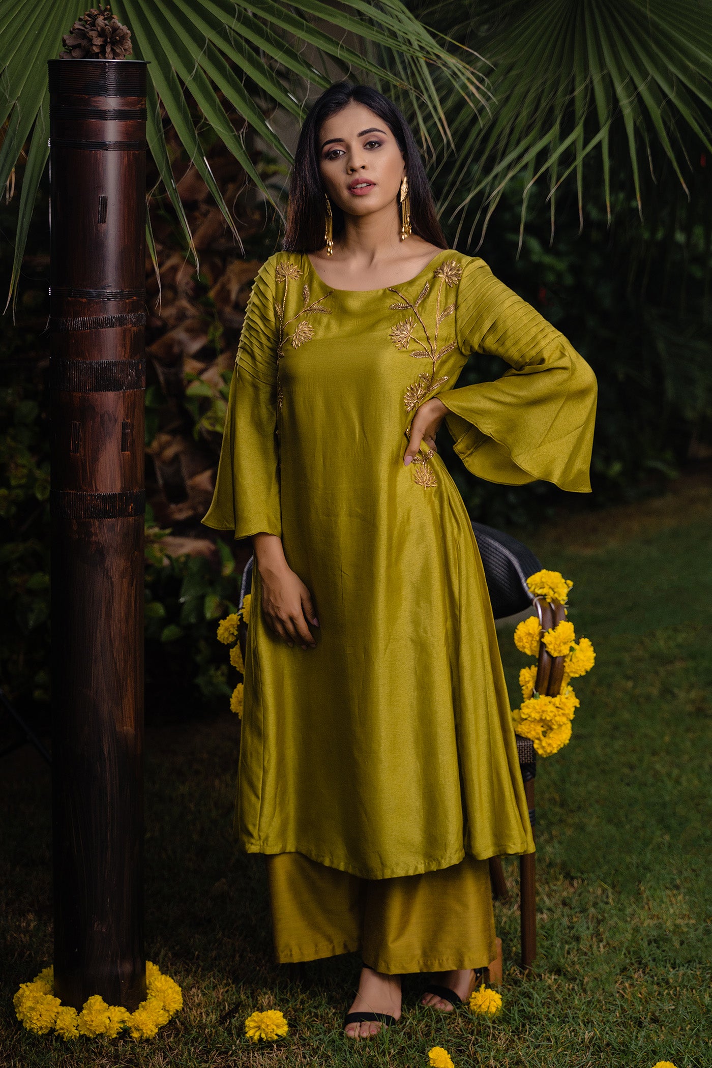 Olive Green Pleated Embroidered Top