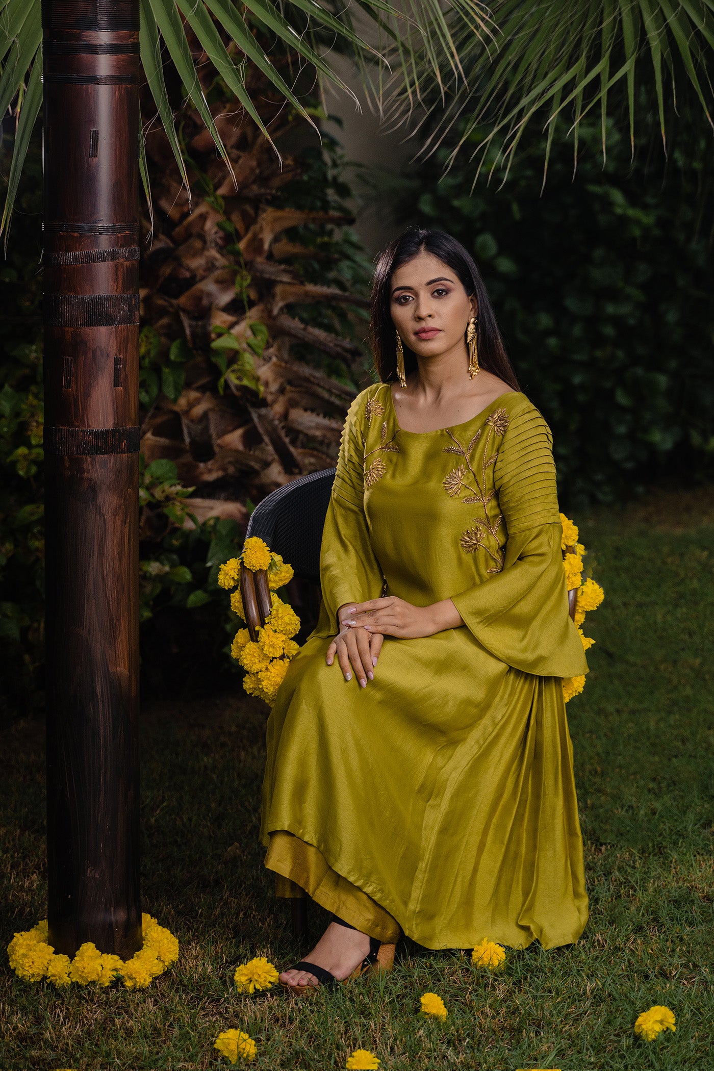 Olive Green Pleated Embroidered Top