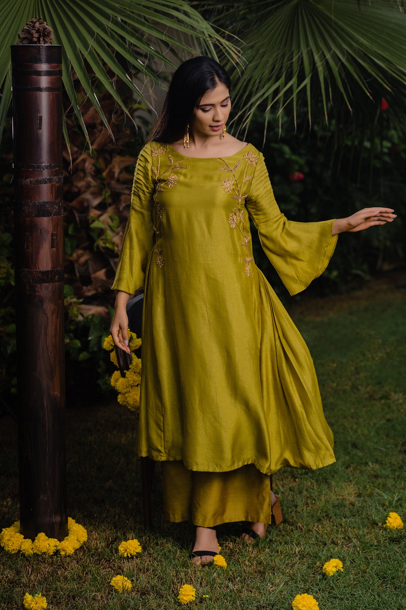 Olive Green Pleated Embroidered Top