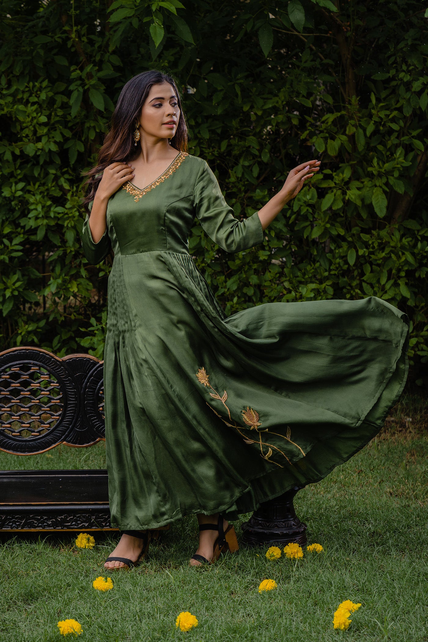 Green Pleated Long Dress