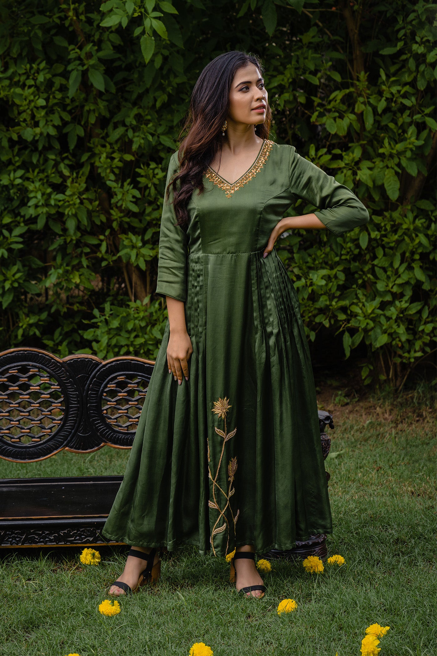 Green Pleated Long Dress