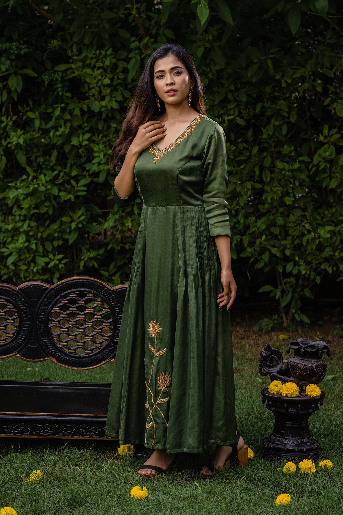 Green Pleated Long Dress