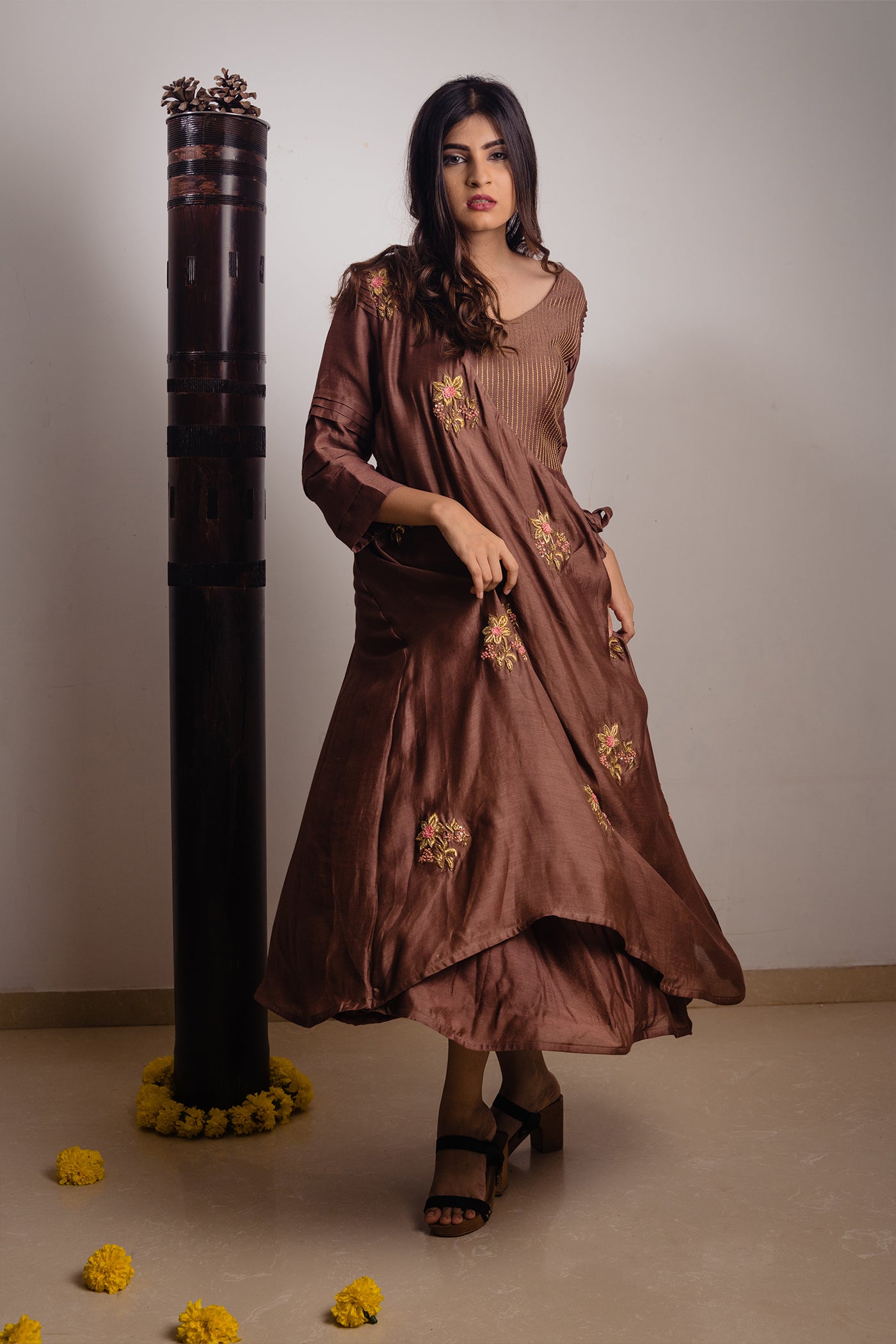 Brown Angarkha Style Long Dress