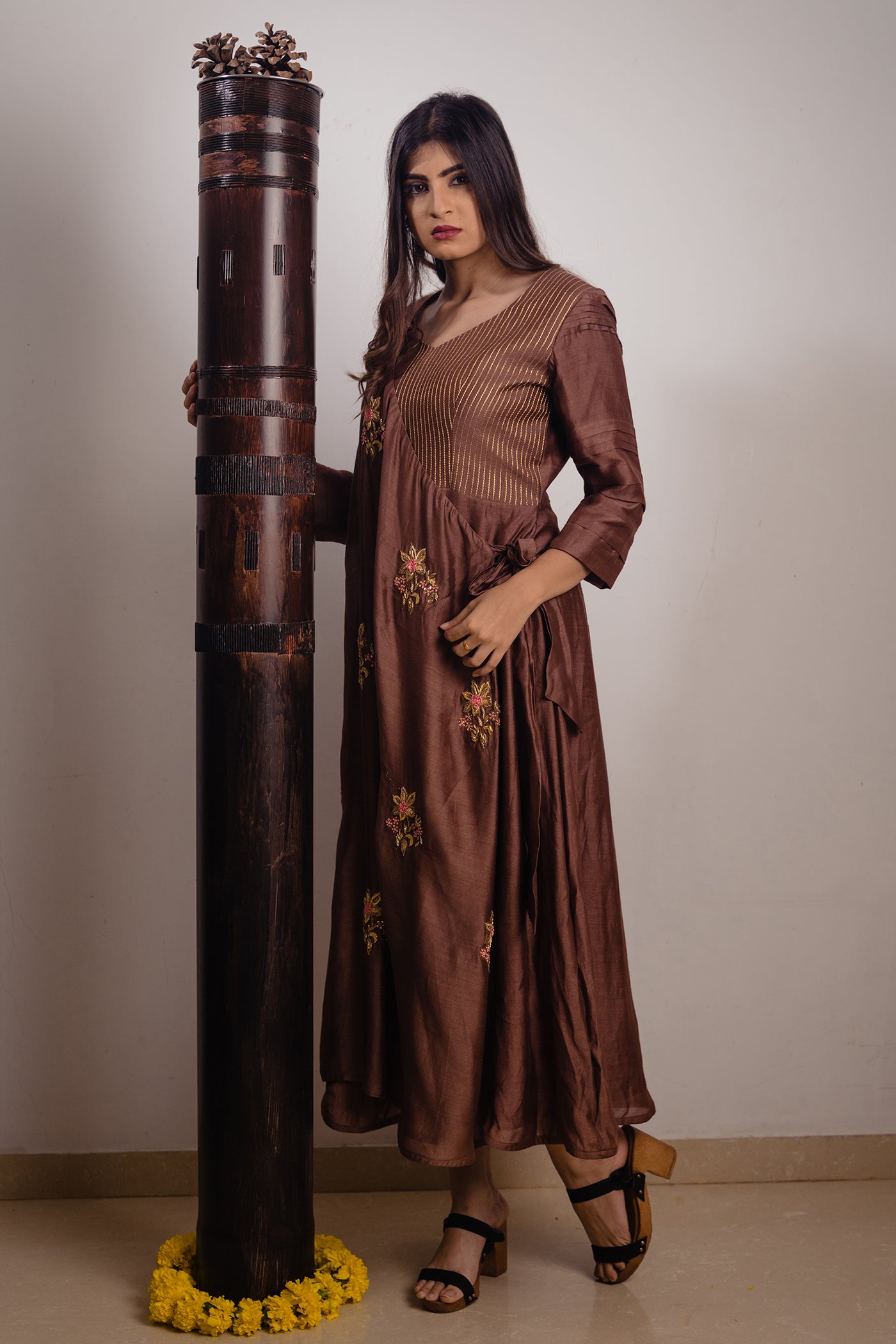 Brown Angarkha Style Long Dress