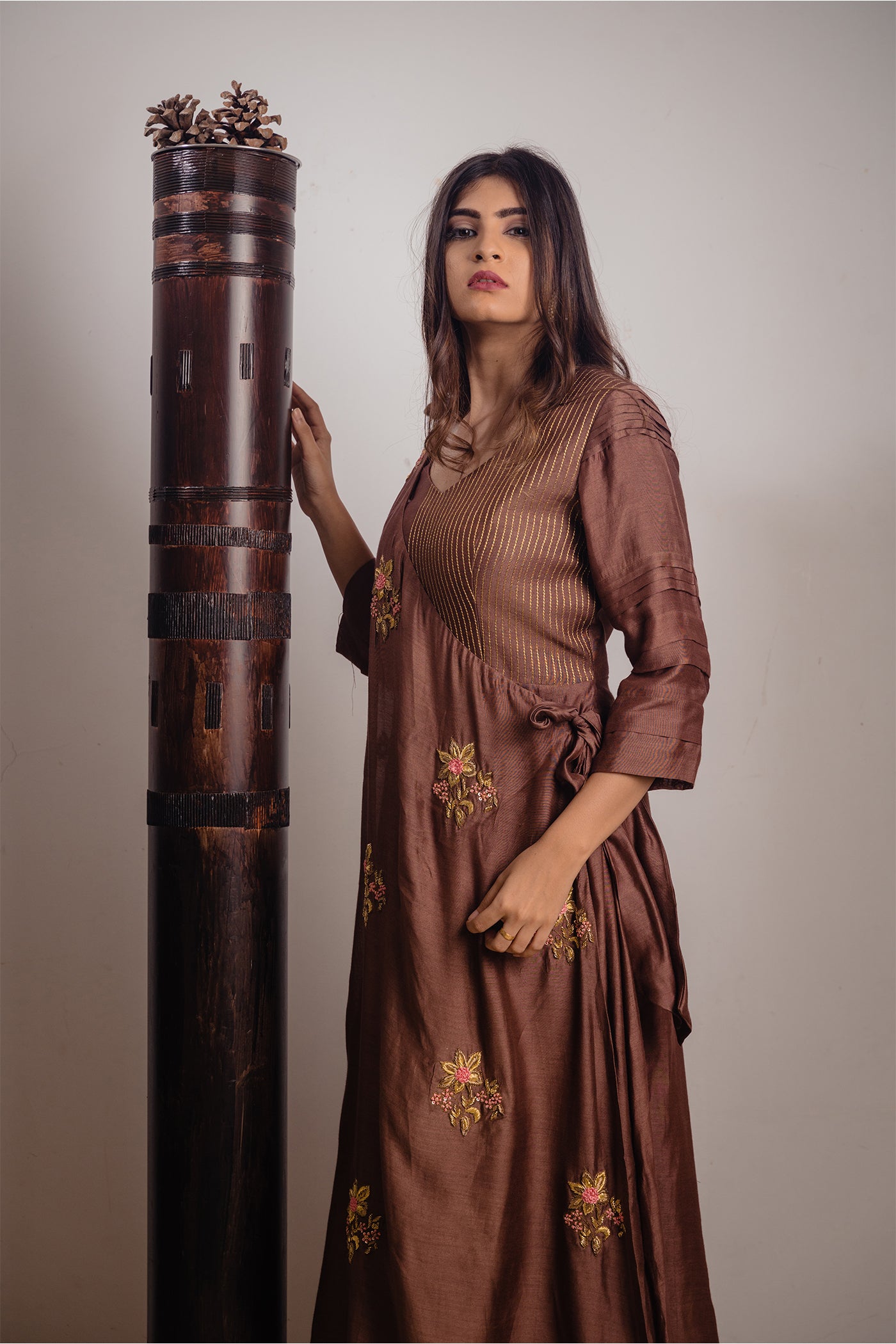 Brown Angarkha Style Long Dress
