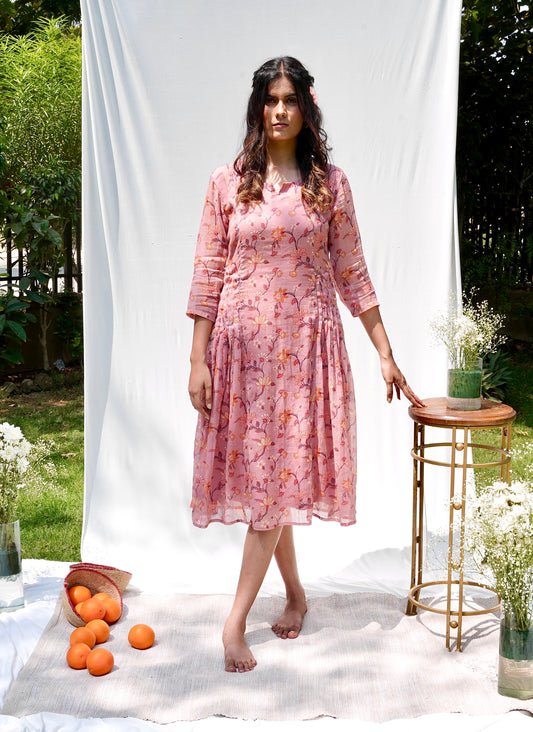 Dusty Pink Printed Mul Dress