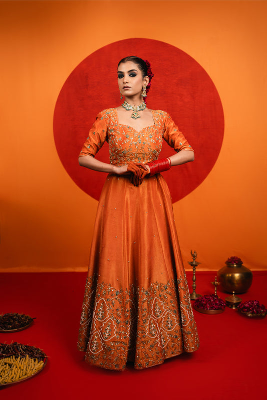 Orange Embroidered Lehenga Set
