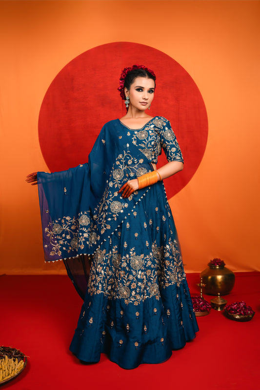Blue Embroidered Lehenga Set