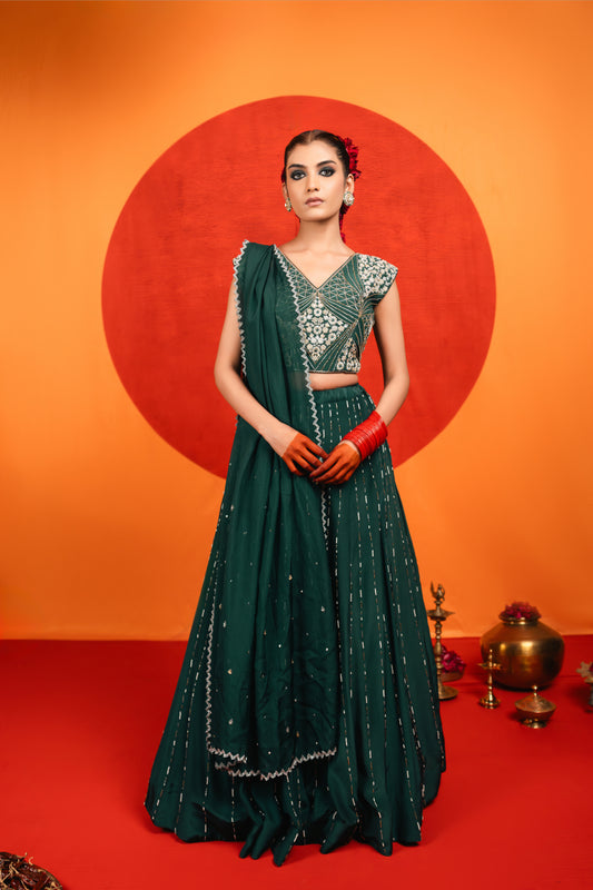 Green Embroidered Lehenga Set