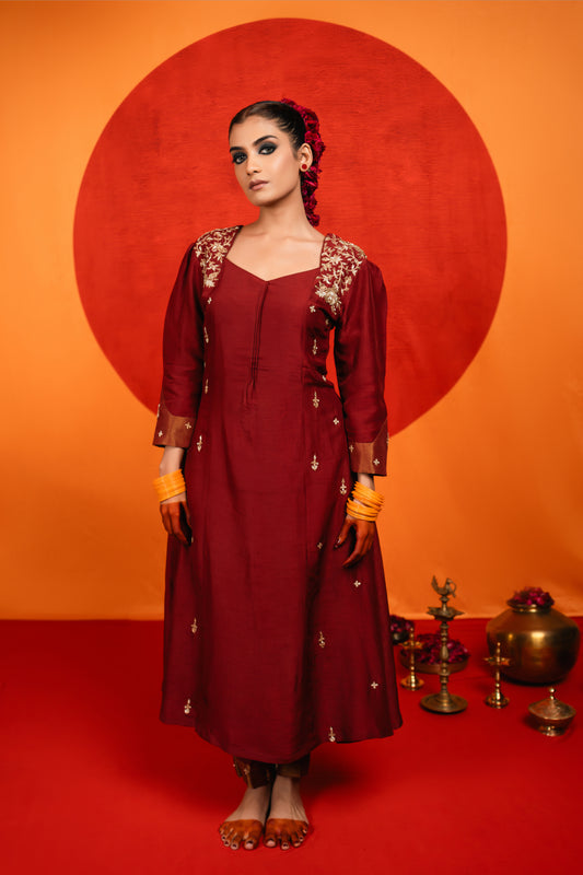 Maroon A-line Kurta Set