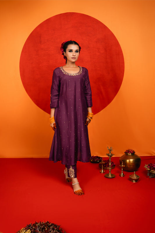 Purple A-line Kurta Set