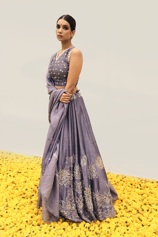 Grey Lehenga set with intricate floral handwork
