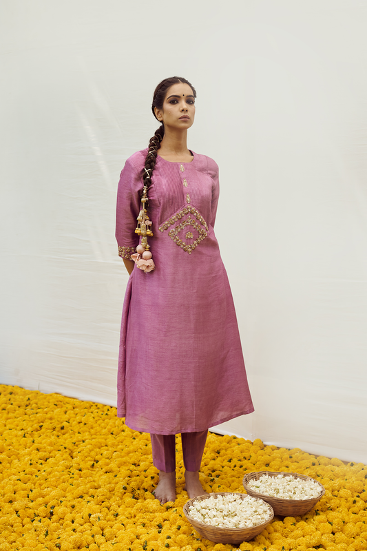 Dusky Rose Kurta set with intricate hand embellishments