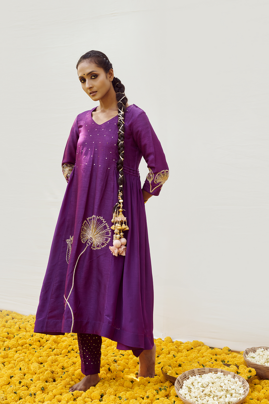 Mulberry Purple kurta set with hand embellished motifs