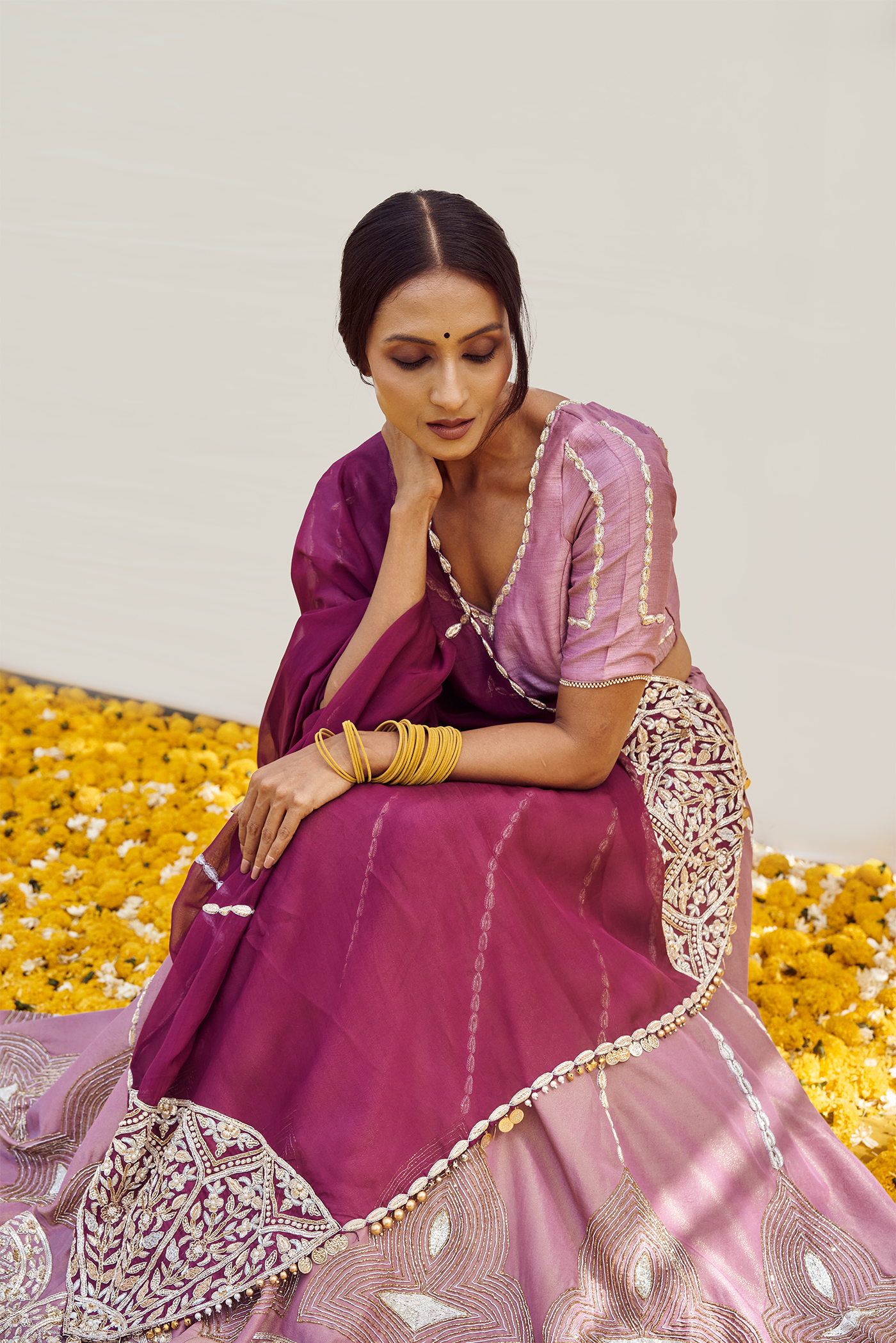 Lilac Lehenga set with Golden - Silver zardosi, sequins and cut dana