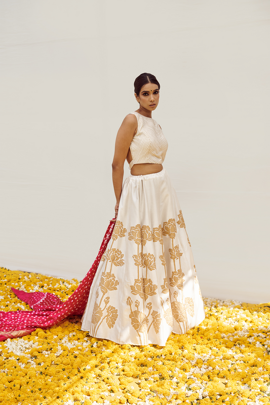Ivory Lehenga set with Golden Patch Work